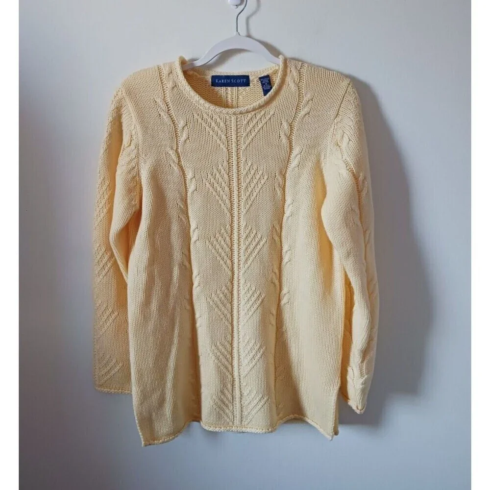 Karen Scott Pullover Sweater Cable Knit Long Sleeve Crew Neck Yellow Size‎ M